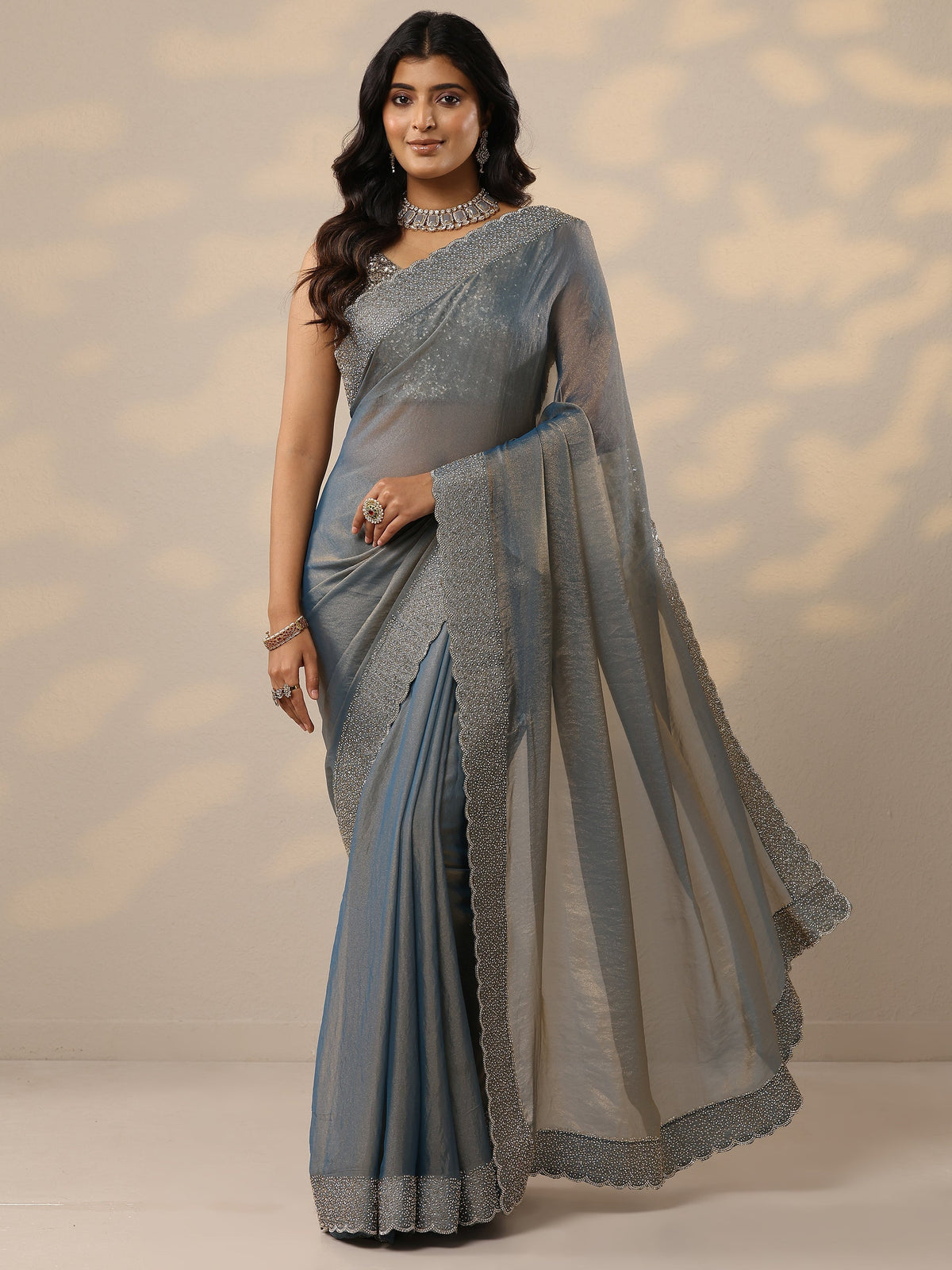 Libas Blue Embellished Organza Sarees With Unstitched Blouse Piece