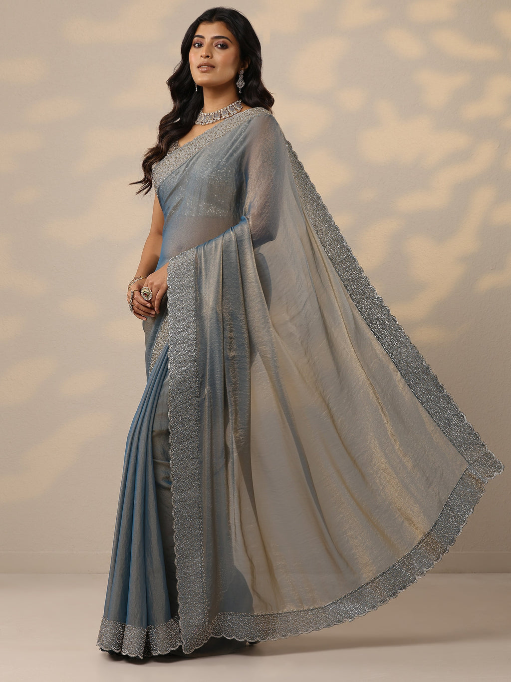 Libas Blue Embellished Organza Sarees With Unstitched Blouse Piece
