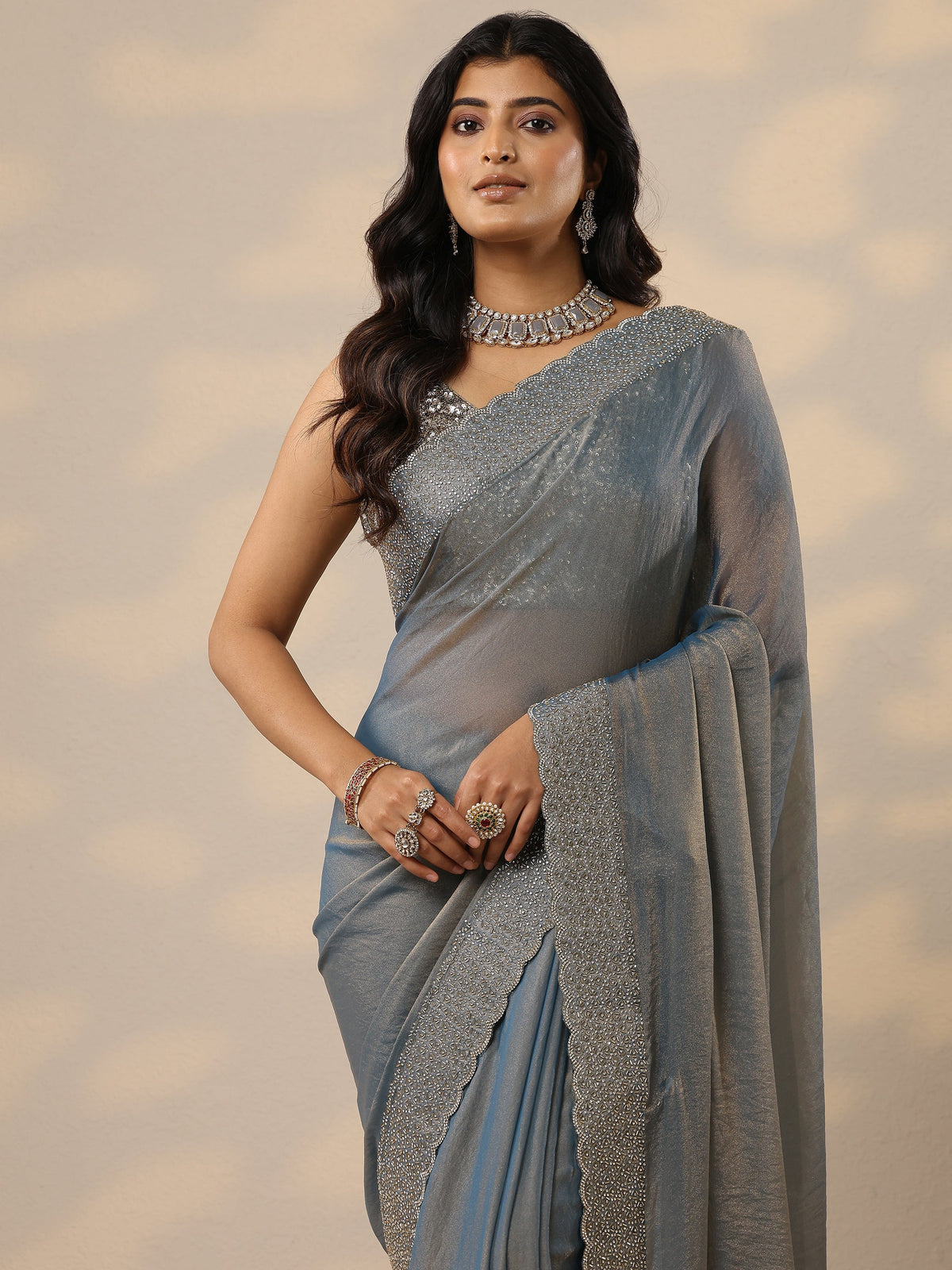 Libas Blue Embellished Organza Sarees With Unstitched Blouse Piece