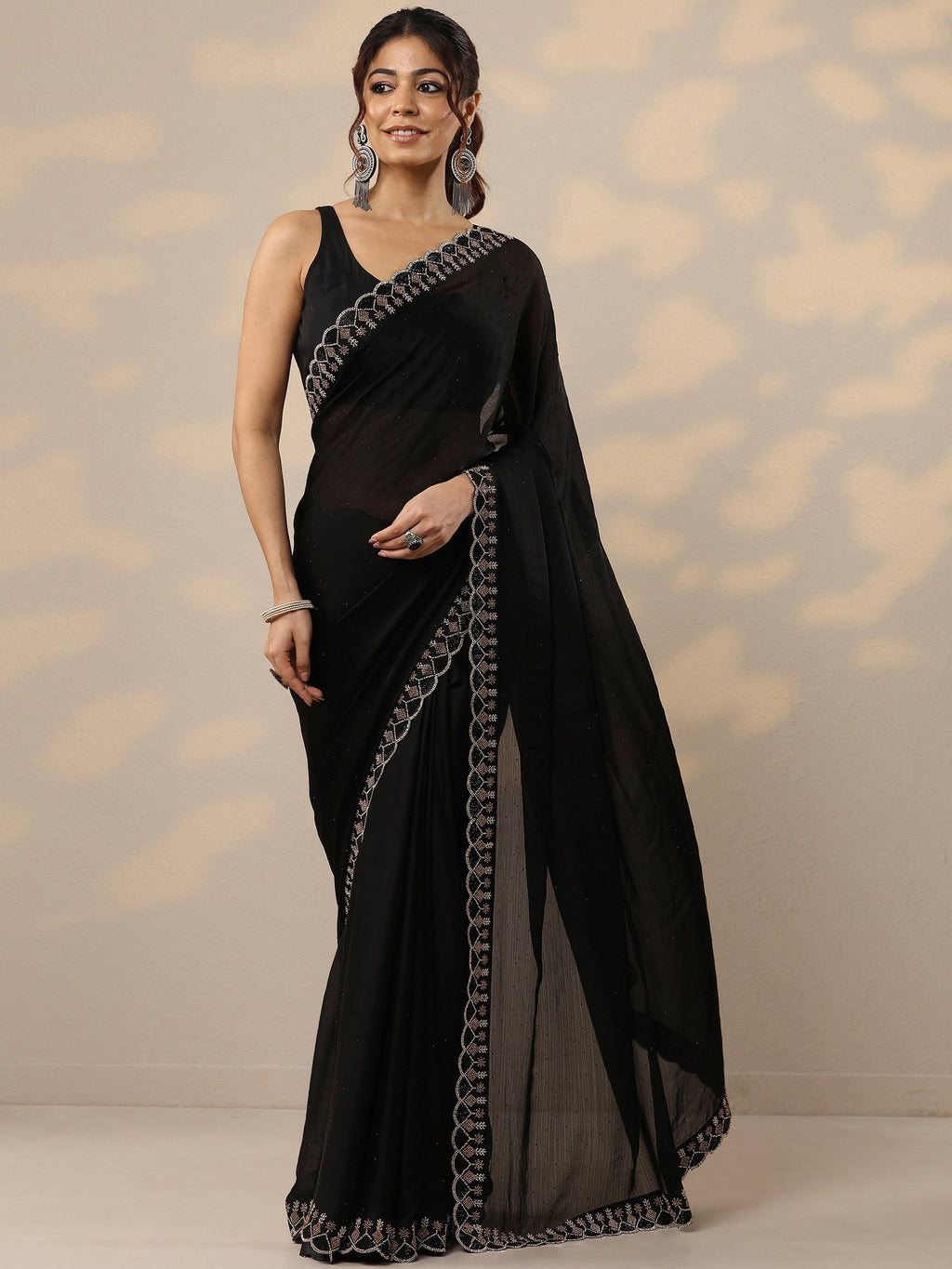Libas Black Embellished Silk Blend Sarees With Unstitched Blouse Piece