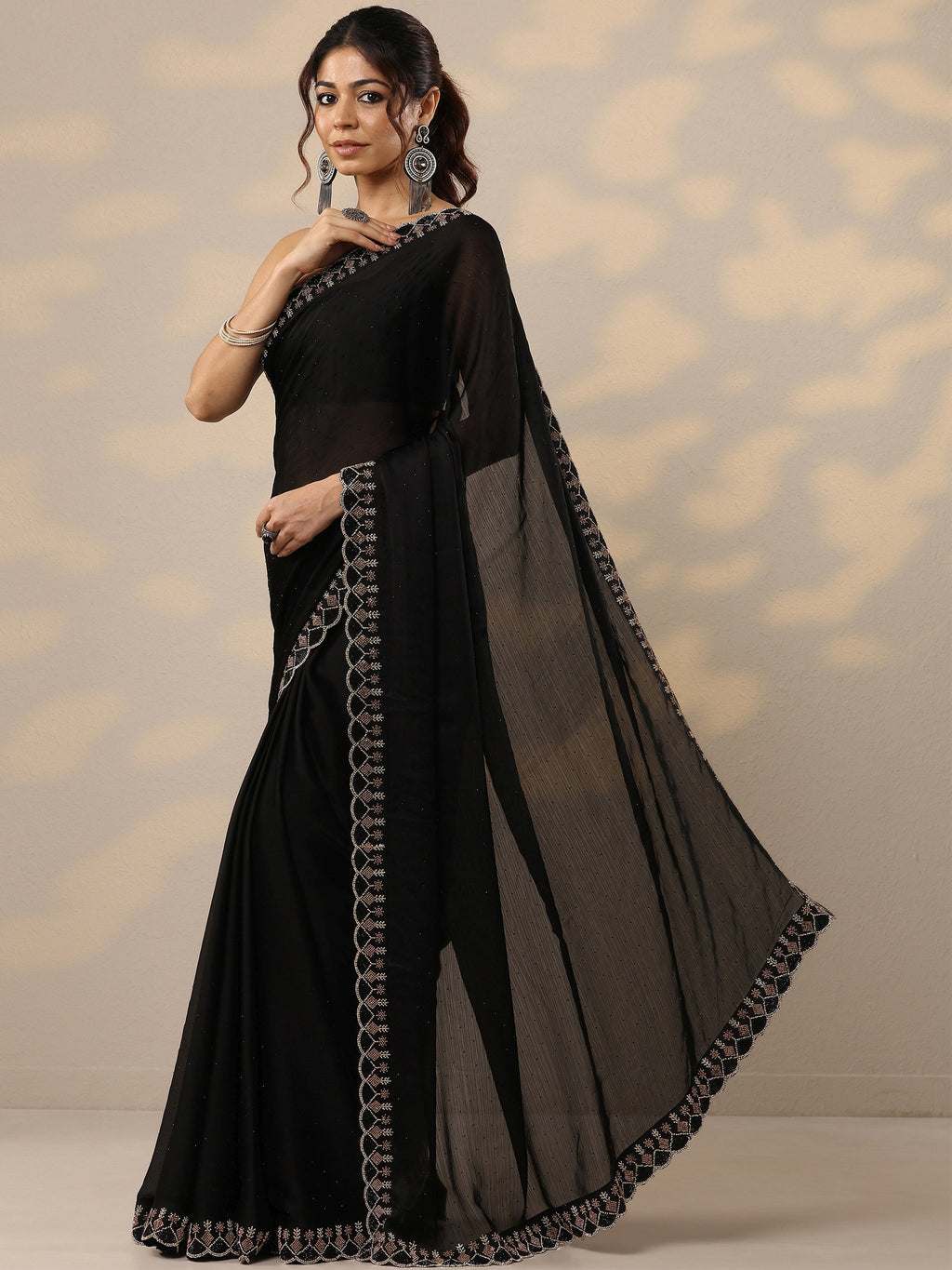 Libas Black Embellished Silk Blend Sarees With Unstitched Blouse Piece