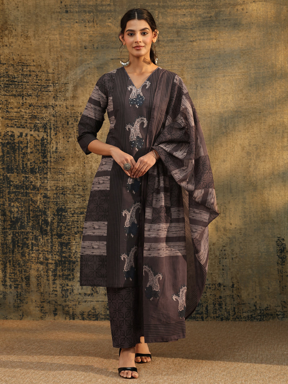 Libas Grey Ajrakh Printed Cotton Straight Suit Set
