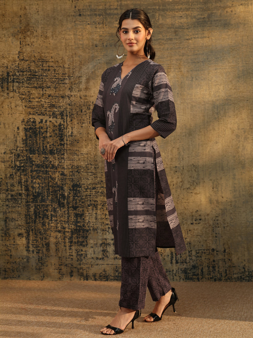 Libas Grey Ajrakh Printed Cotton Straight Suit Set