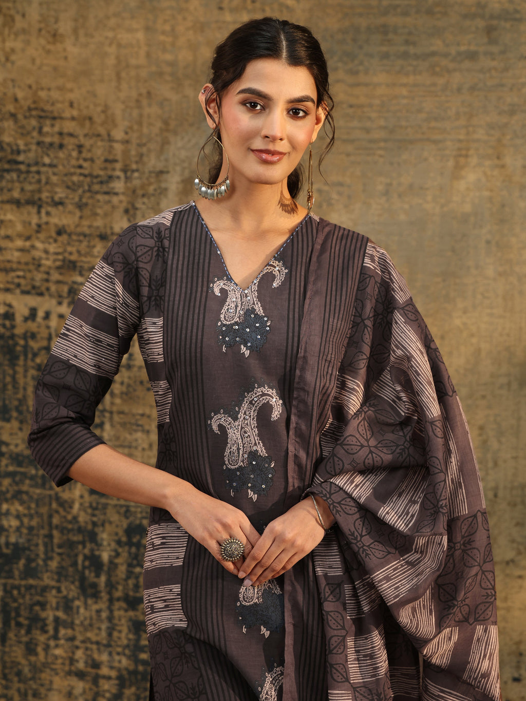 Libas Grey Ajrakh Printed Cotton Straight Suit Set