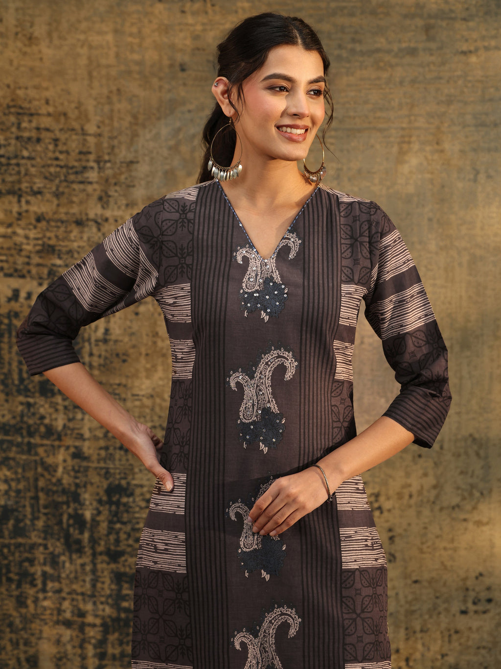 Libas Grey Ajrakh Printed Cotton Straight Suit Set