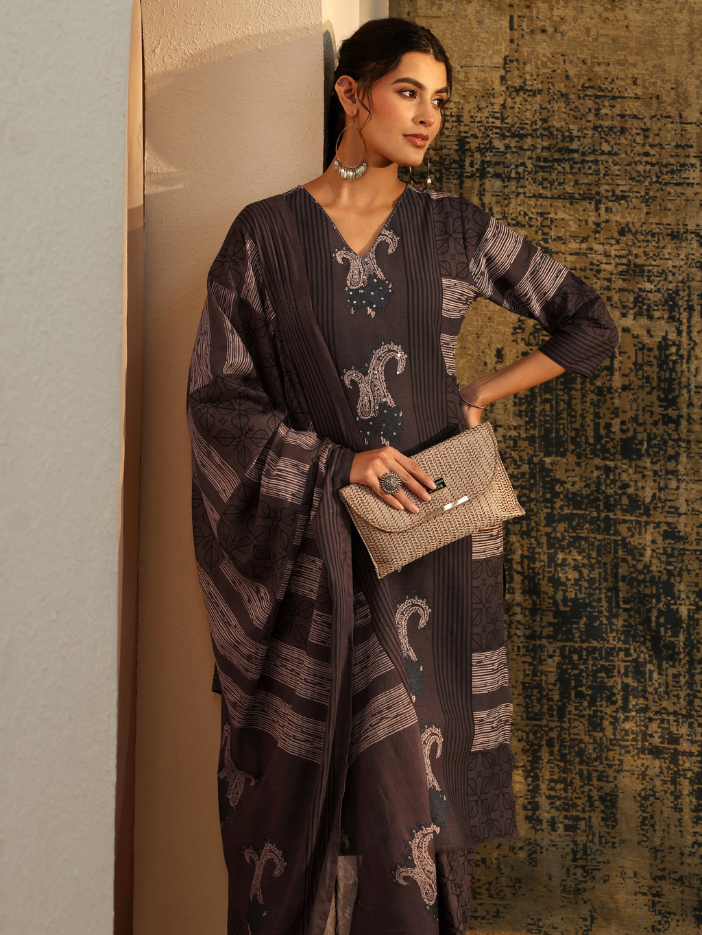 Libas Grey Ajrakh Printed Cotton Straight Suit Set