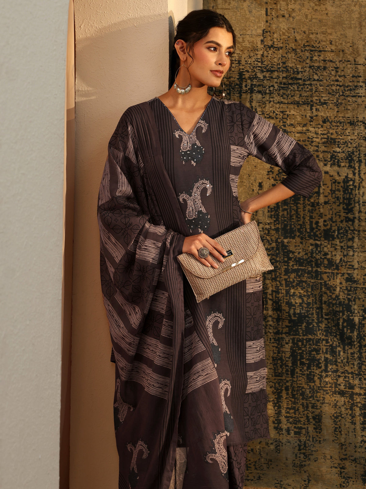 Libas Grey Ajrakh Printed Cotton Straight Suit Set