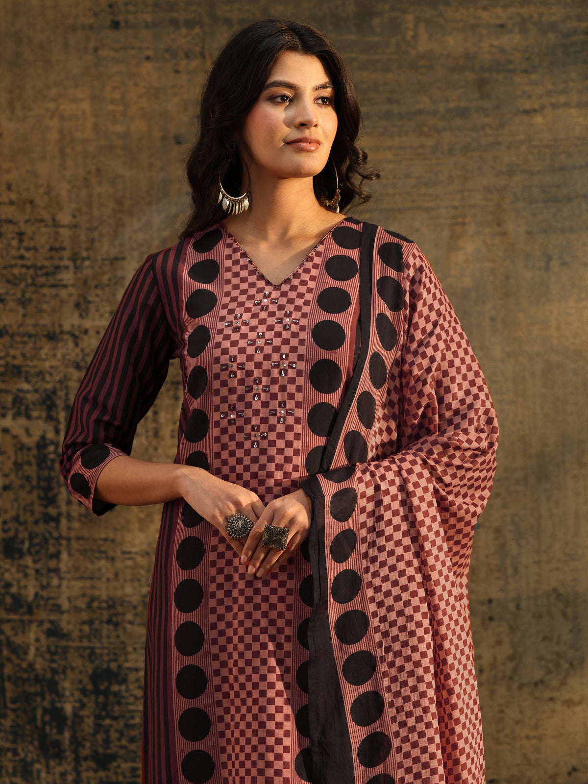 Libas Brown Ajrakh Printed Cotton Straight Suit Set