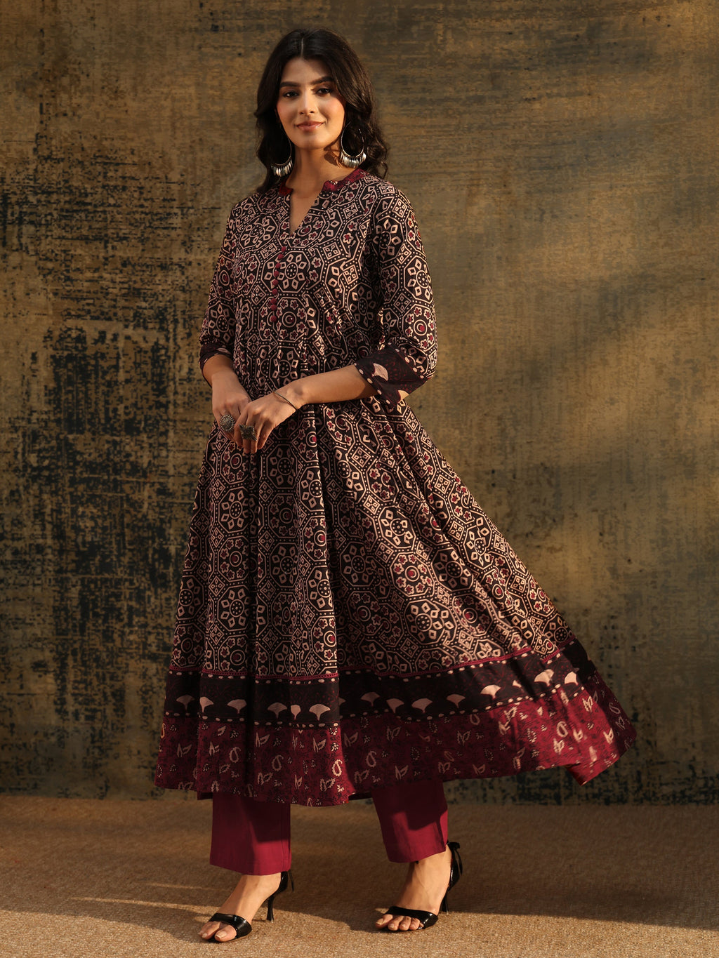 Libas Black Ajrakh Printed Cotton Anarkali Suit Set