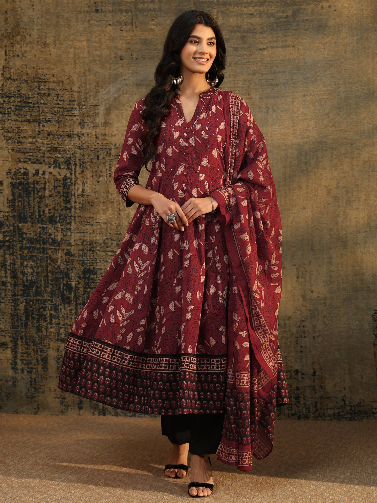 Libas Rust Ajrakh Printed Cotton Anarkali Suit Set
