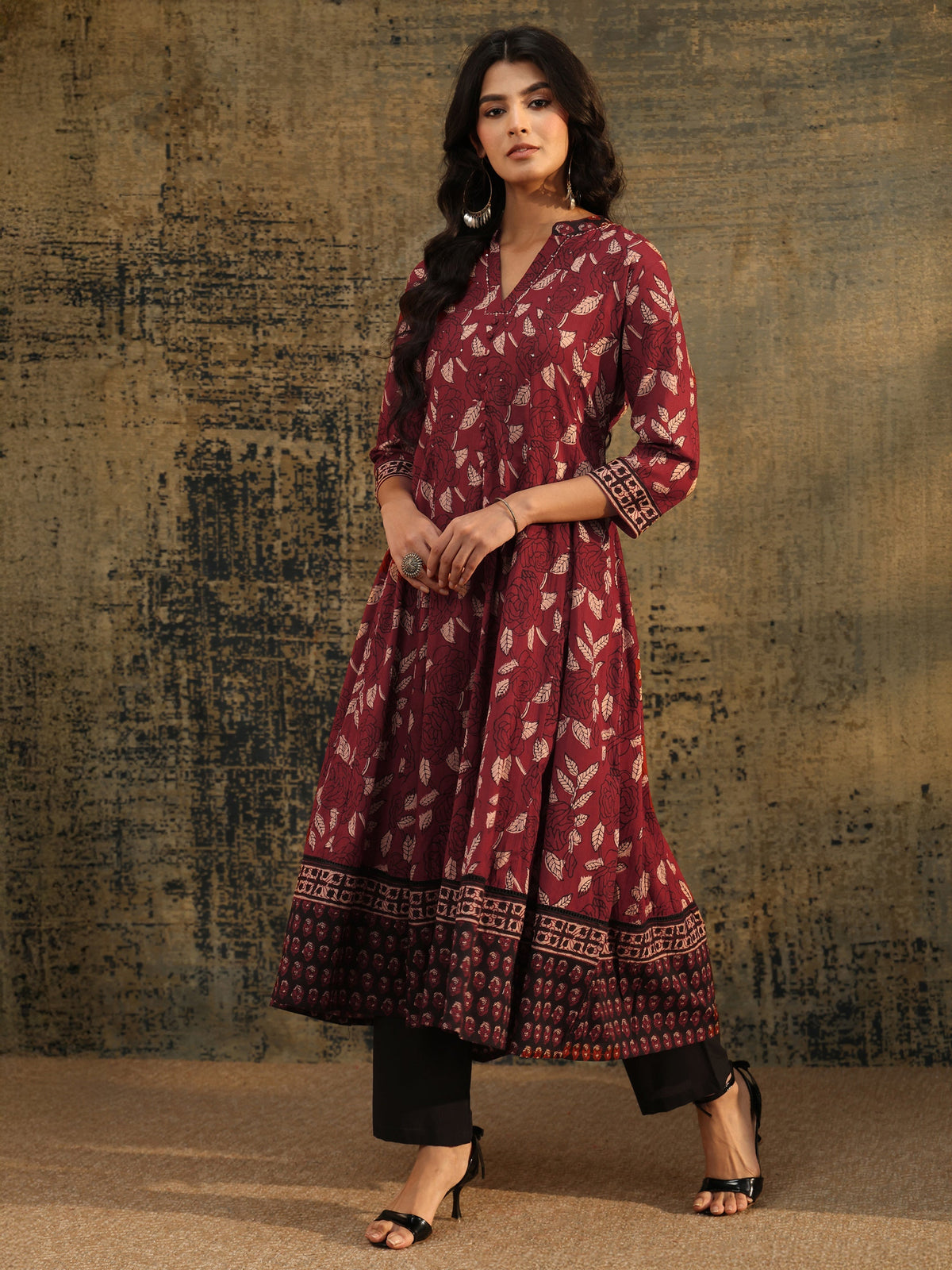 Libas Rust Ajrakh Printed Cotton Anarkali Suit Set