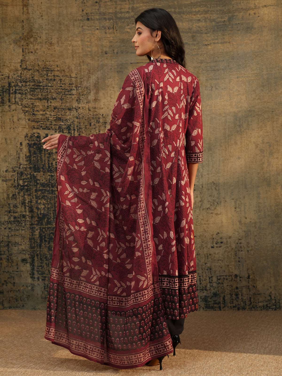 Libas Rust Ajrakh Printed Cotton Anarkali Suit Set