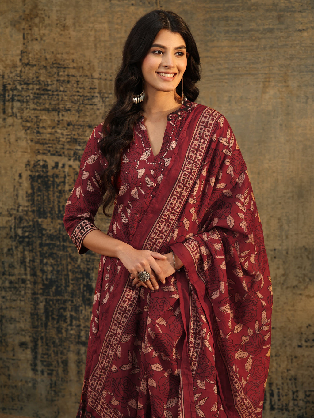 Libas Rust Ajrakh Printed Cotton Anarkali Suit Set