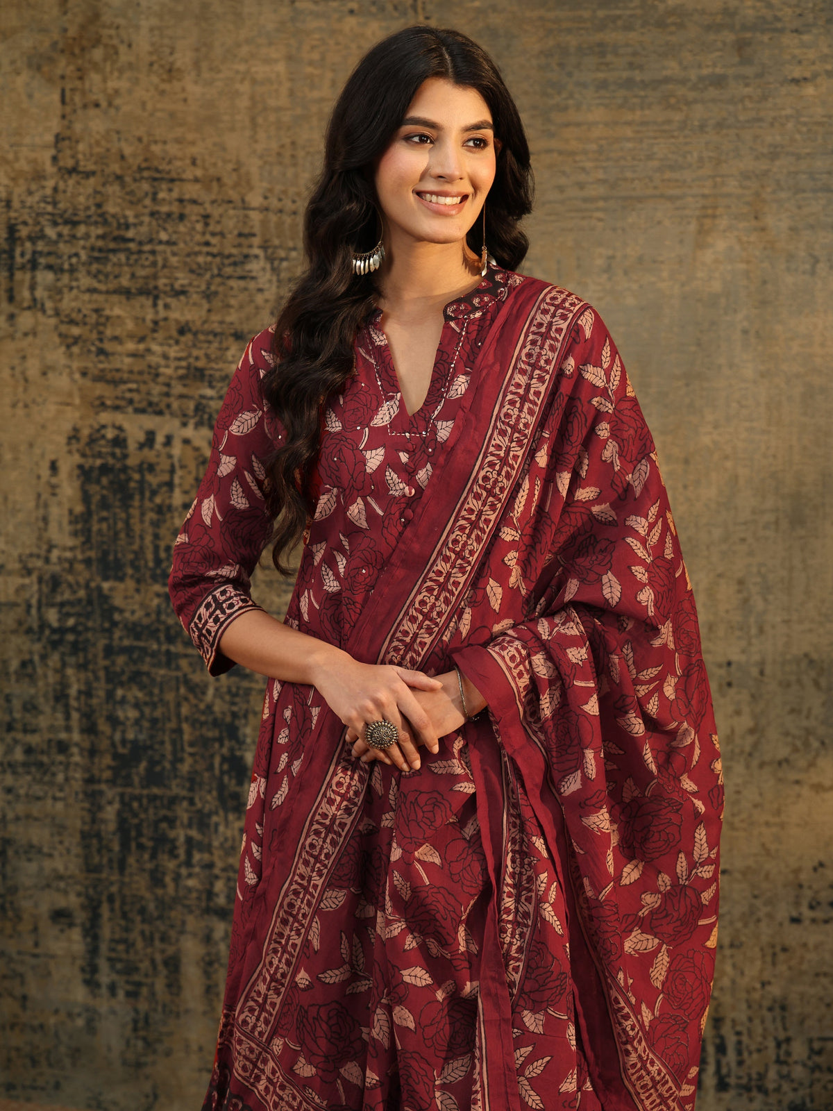 Libas Rust Ajrakh Printed Cotton Anarkali Suit Set