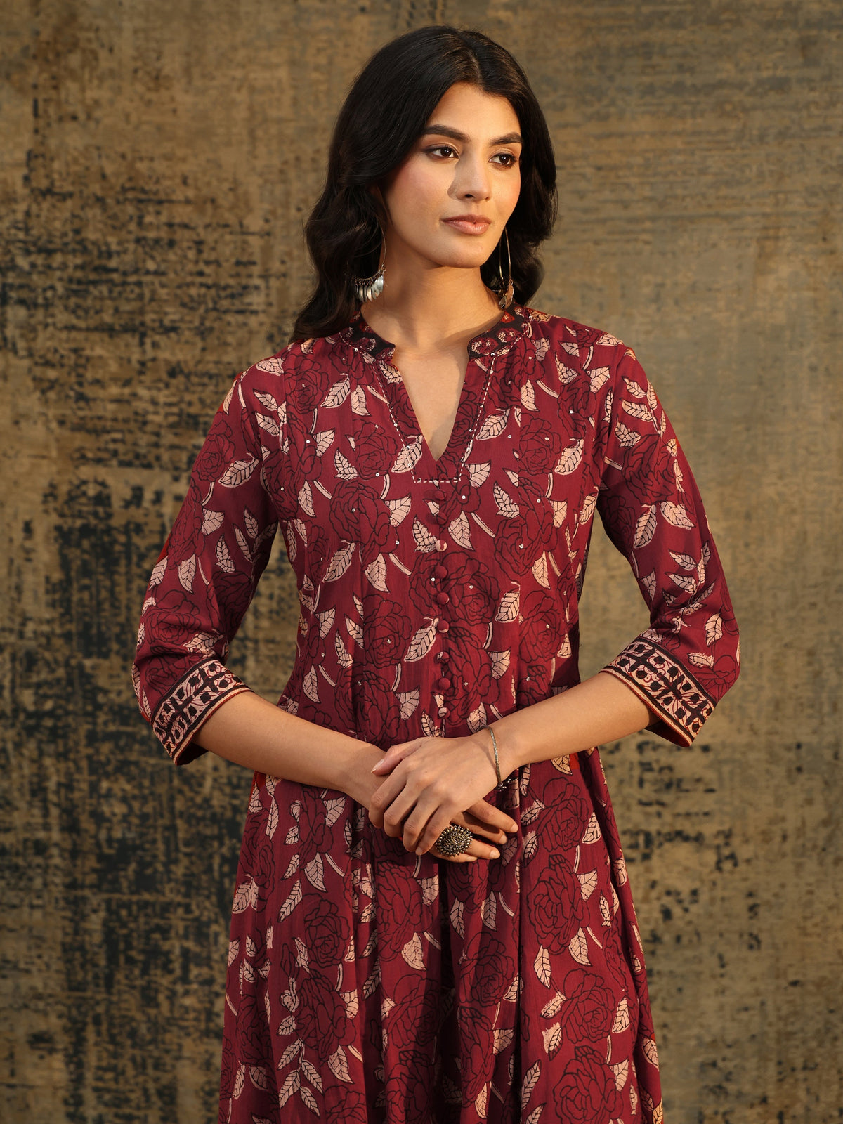 Libas Rust Ajrakh Printed Cotton Anarkali Suit Set