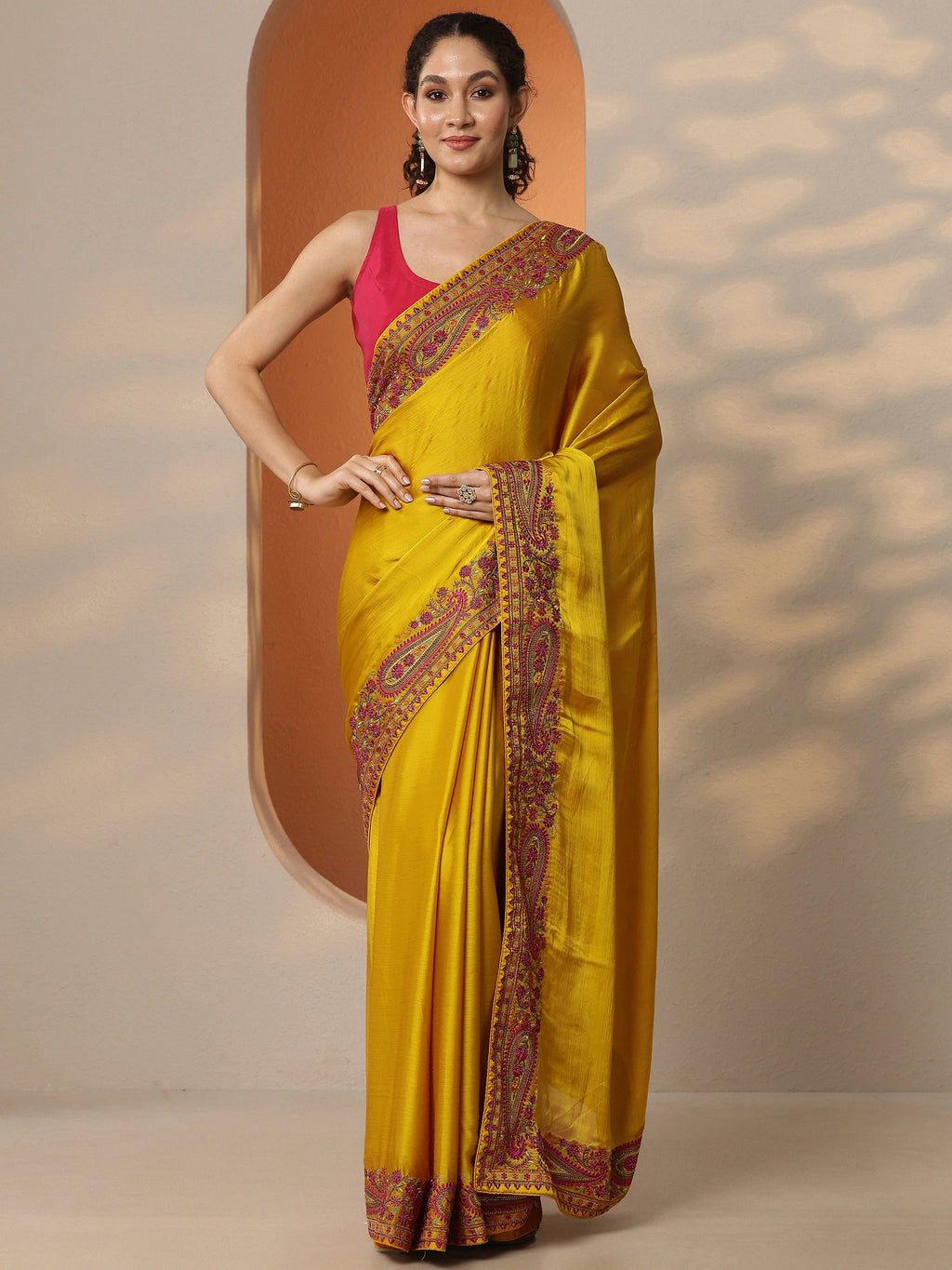 Libas Mustard Solid Chiffon Saree With Unstitched Blouse Piece