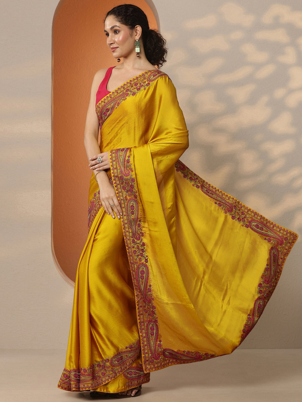 Libas Mustard Solid Chiffon Saree With Unstitched Blouse Piece