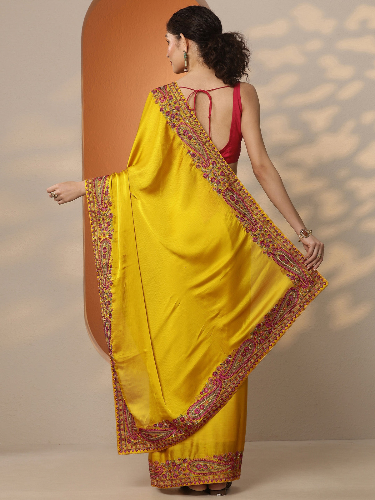Libas Mustard Solid Chiffon Saree With Unstitched Blouse Piece