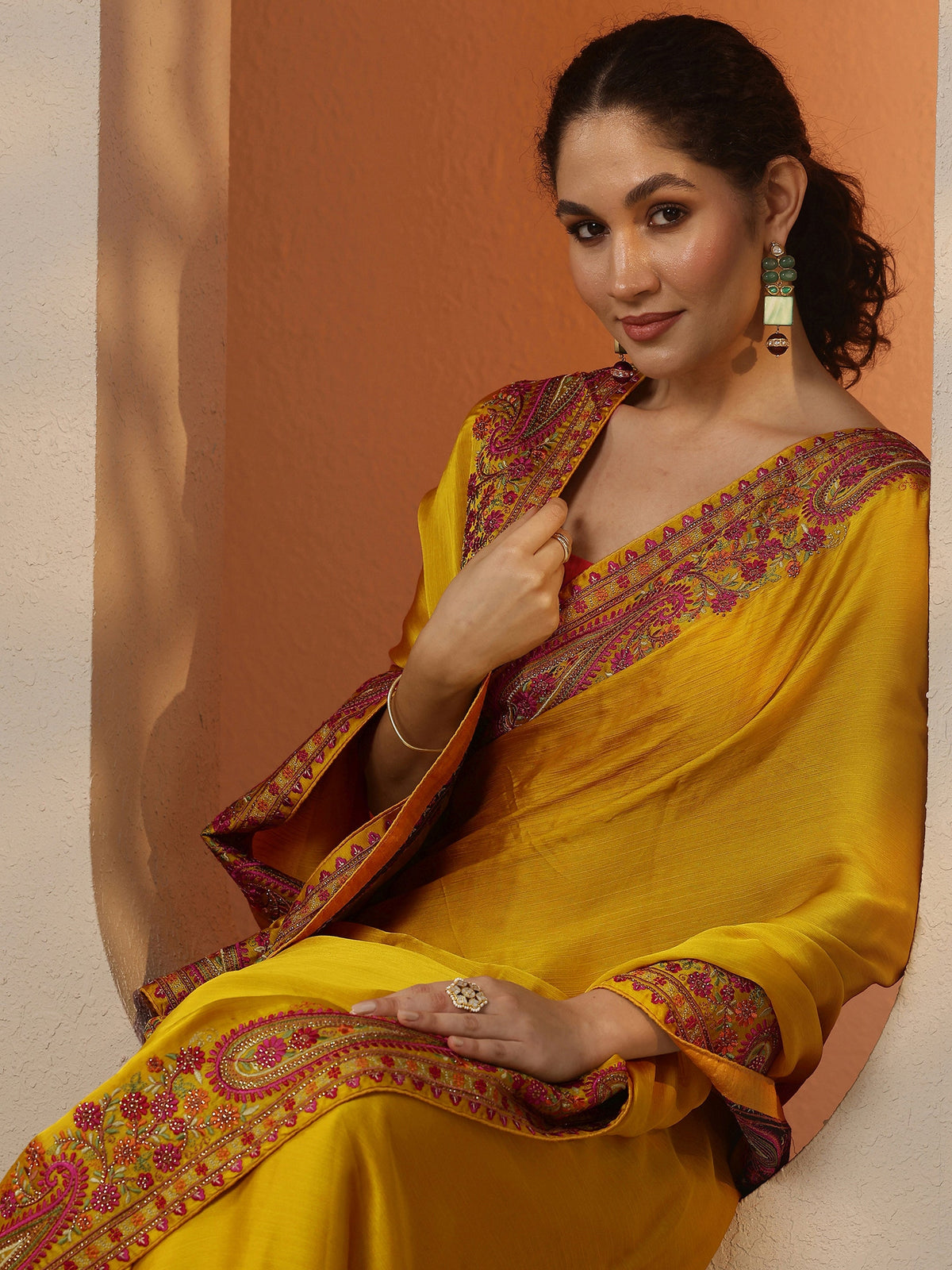 Libas Mustard Solid Chiffon Saree With Unstitched Blouse Piece