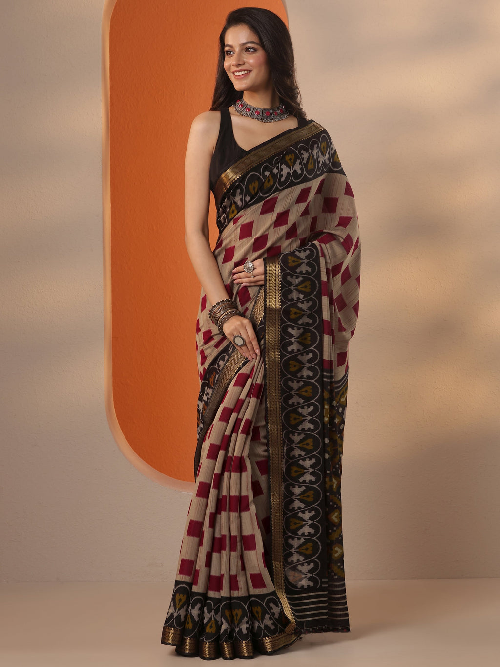 Libas Beige Printed Silk Blend Saree With Unstitched Blouse Piece