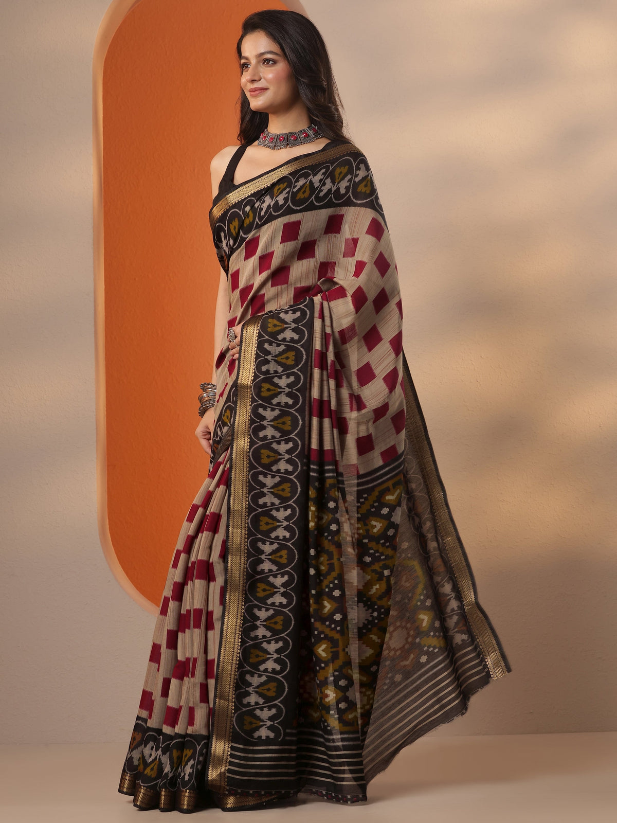 Libas Beige Printed Silk Blend Saree With Unstitched Blouse Piece