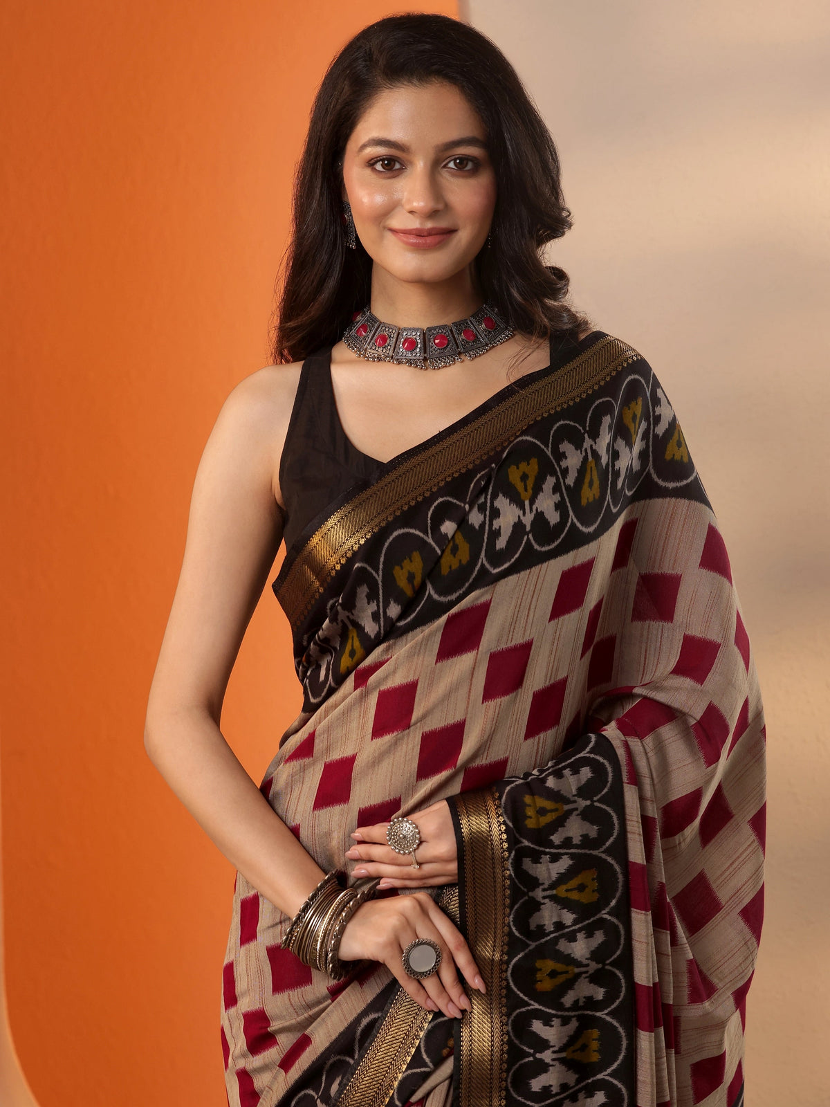 Libas Beige Printed Silk Blend Saree With Unstitched Blouse Piece