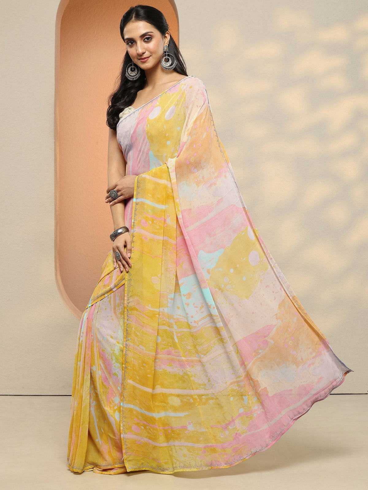 Libas Multi Abstract Printed Georgette Saree With Unstitched Blouse Piece