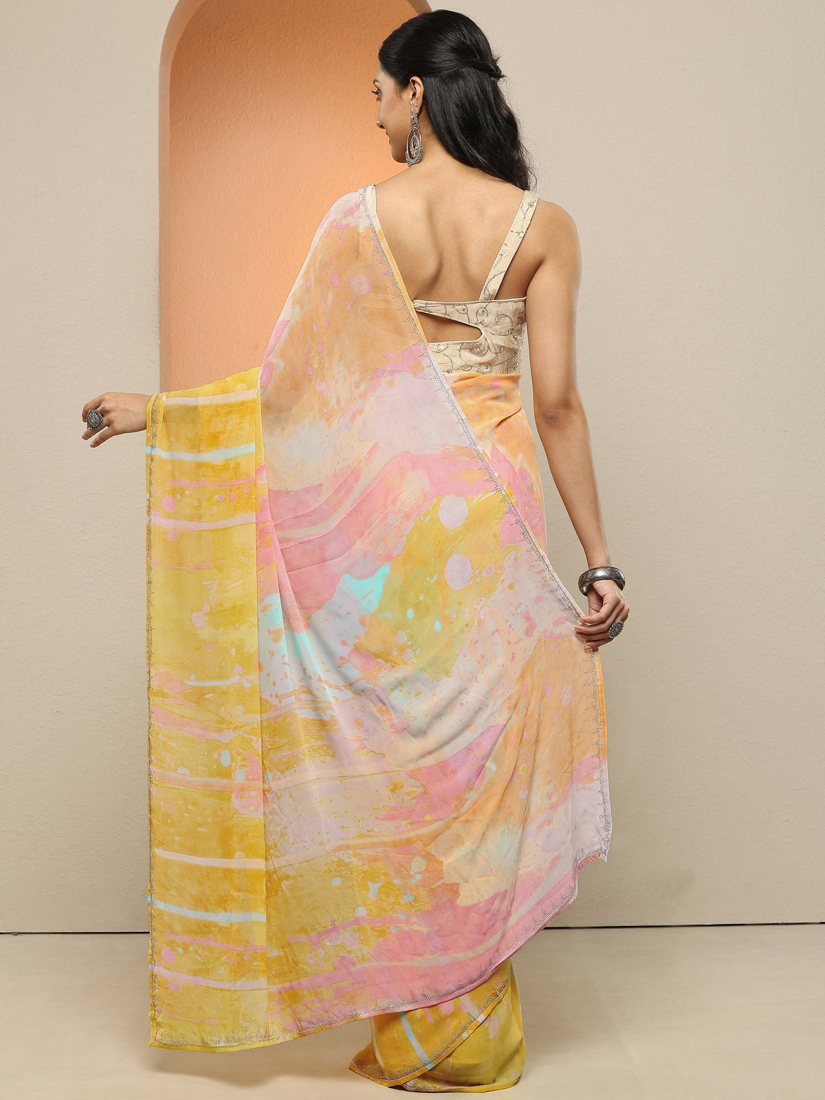 Libas Multi Abstract Printed Georgette Saree With Unstitched Blouse Piece