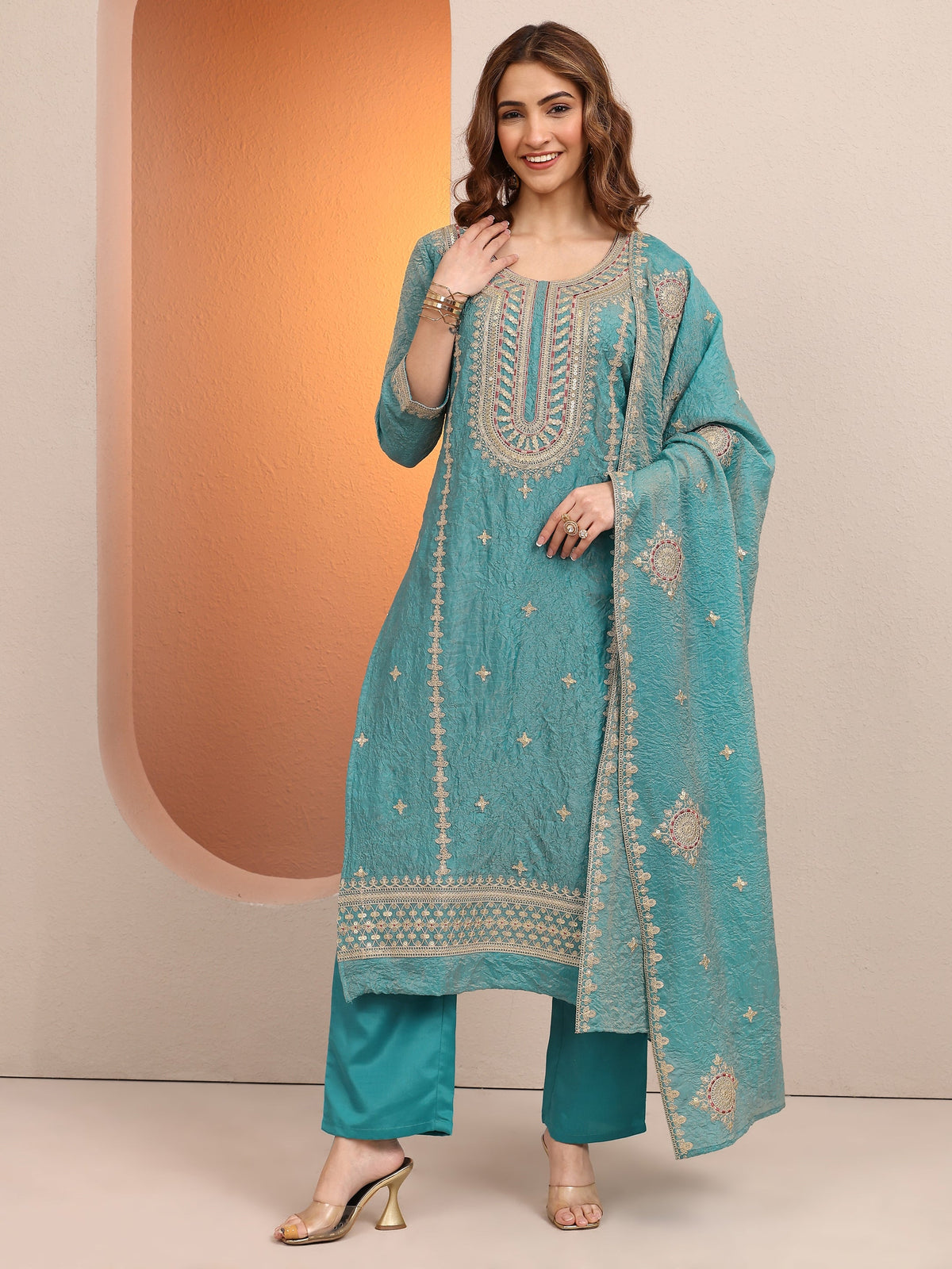Libas Blue Embroidered Organza Straight Suit Set With Dupatta
