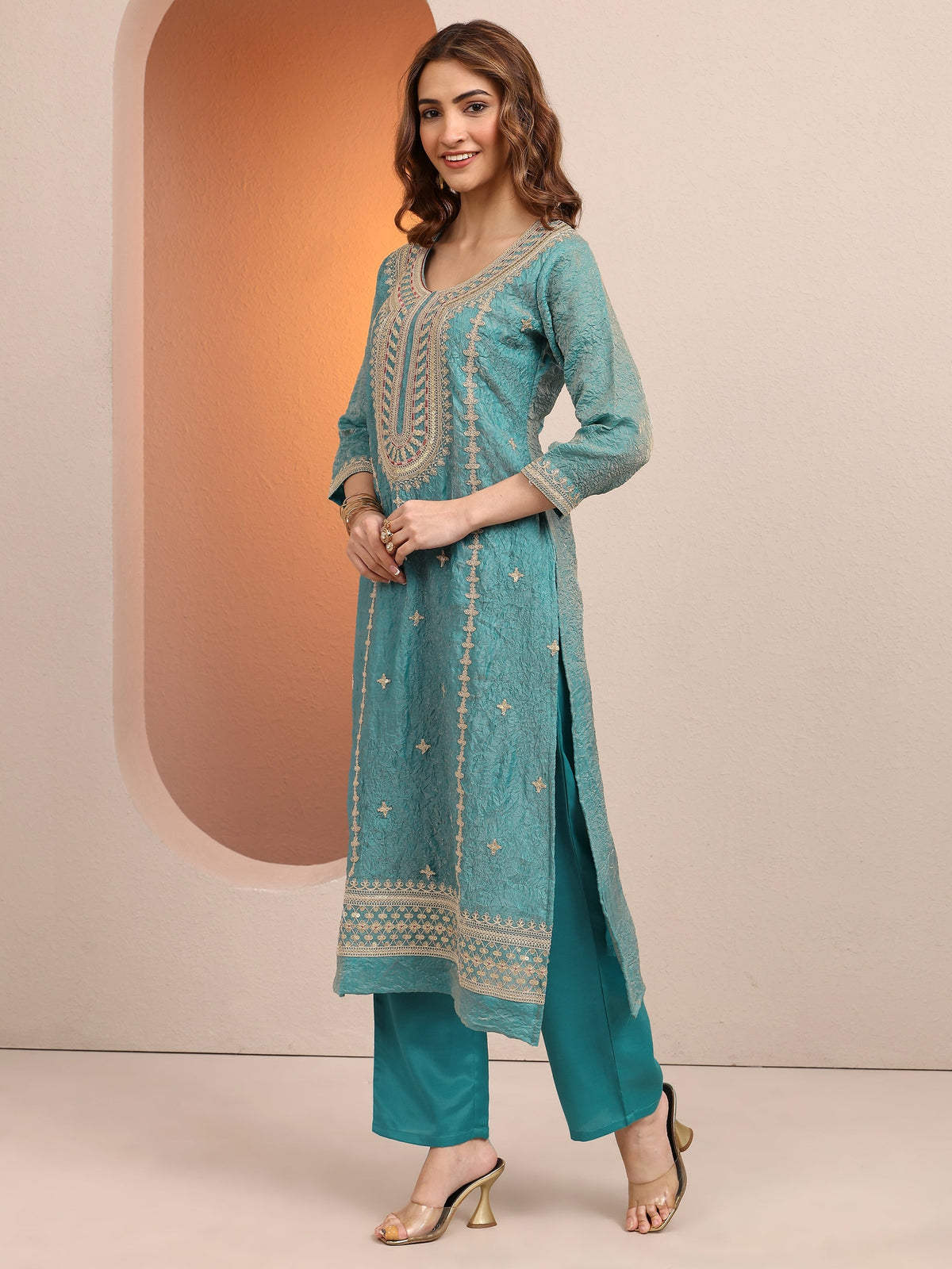 Libas Blue Embroidered Organza Straight Suit Set With Dupatta