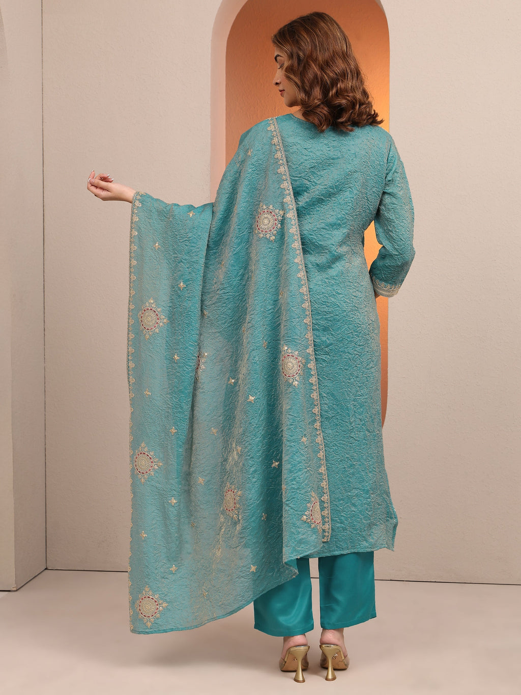 Libas Blue Embroidered Organza Straight Suit Set With Dupatta
