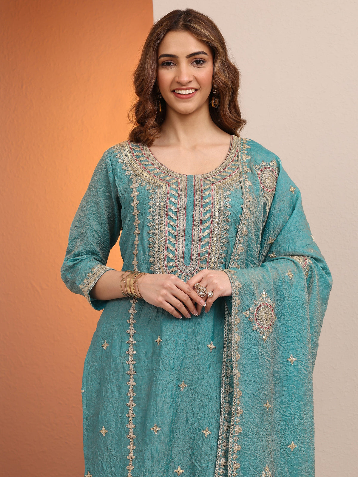 Libas Blue Embroidered Organza Straight Suit Set With Dupatta
