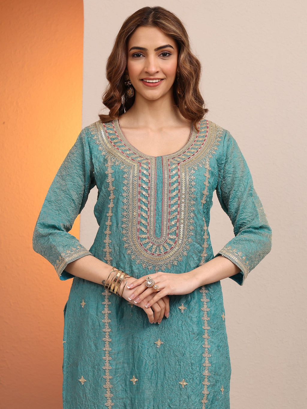 Libas Blue Embroidered Organza Straight Suit Set With Dupatta