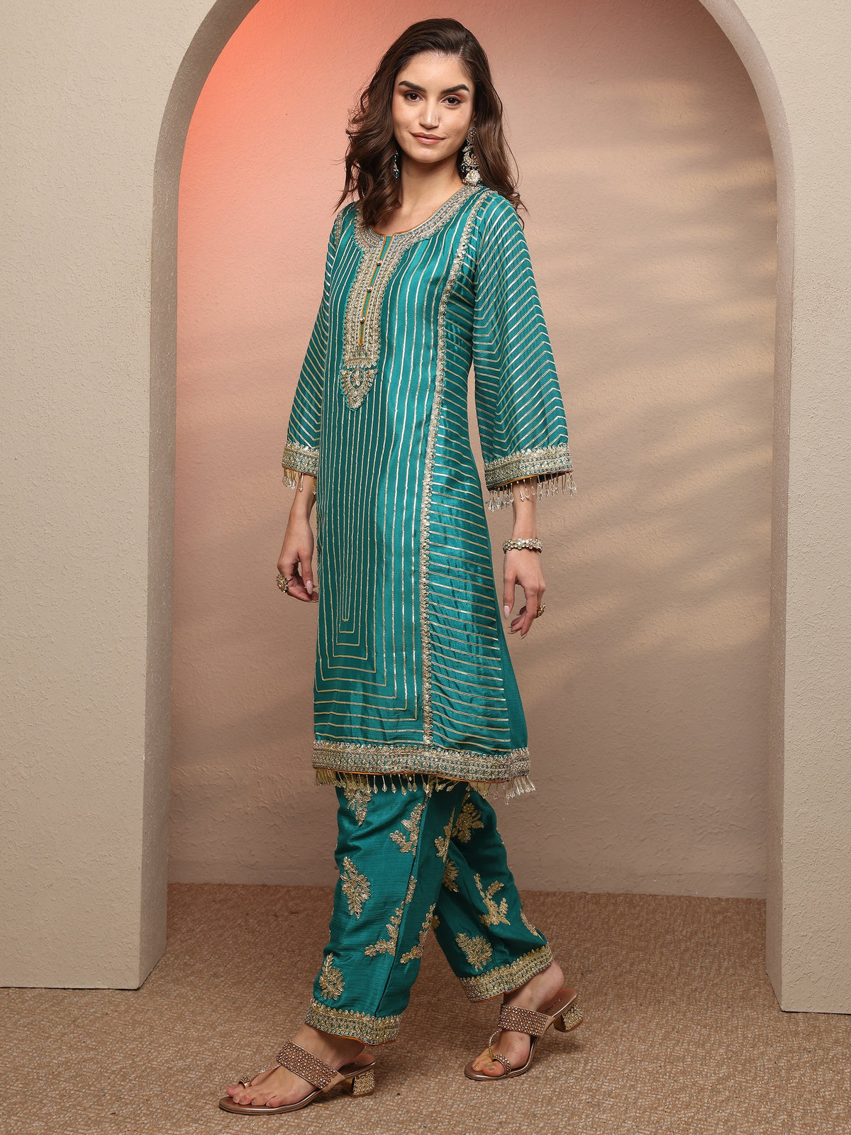Libas Blue Striped Embellished Silk Blend Suit Set With Dupatta