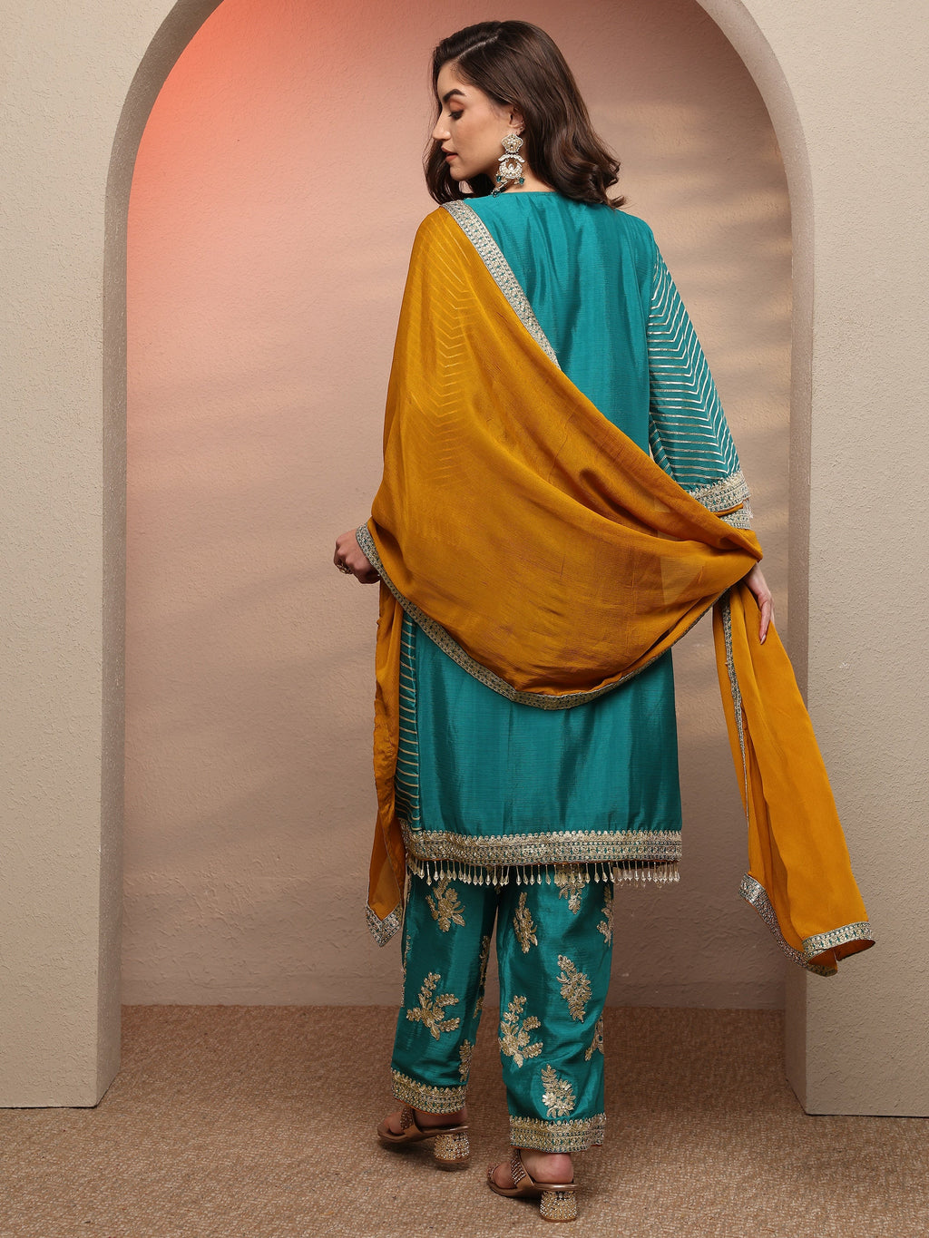 Libas Blue Striped Embellished Silk Blend Suit Set With Dupatta
