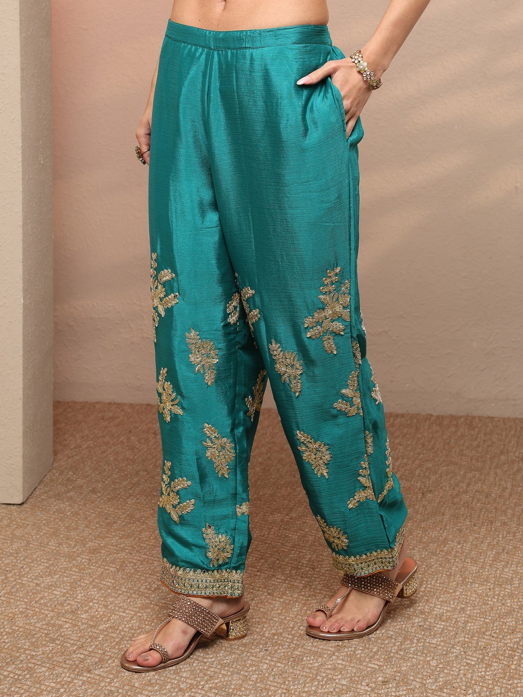 Libas Blue Striped Embellished Silk Blend Suit Set With Dupatta