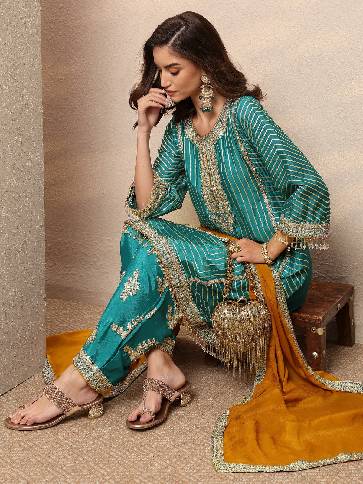 Libas Blue Striped Embellished Silk Blend Suit Set With Dupatta
