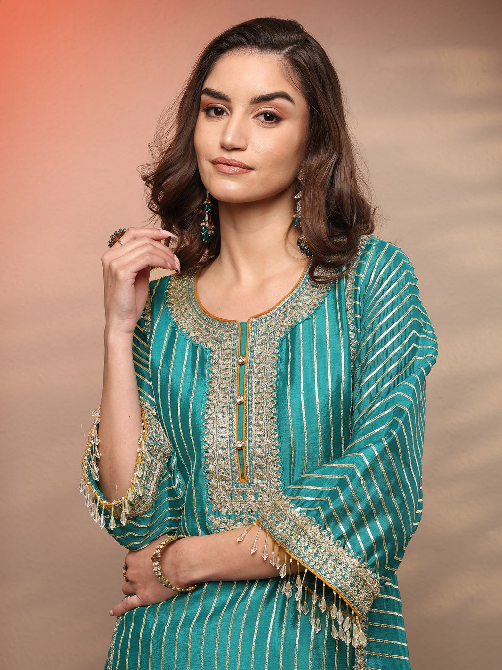 Libas Blue Striped Embellished Silk Blend Suit Set With Dupatta