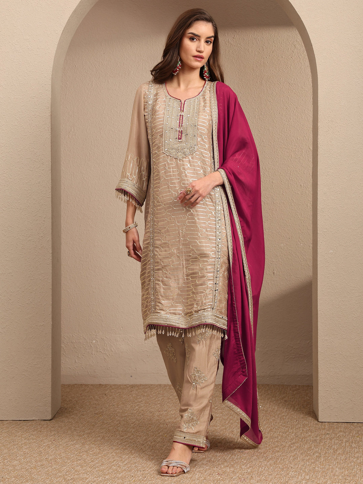 Libas Beige Embroidered Silk Blend Straight Suit Set With Dupatta