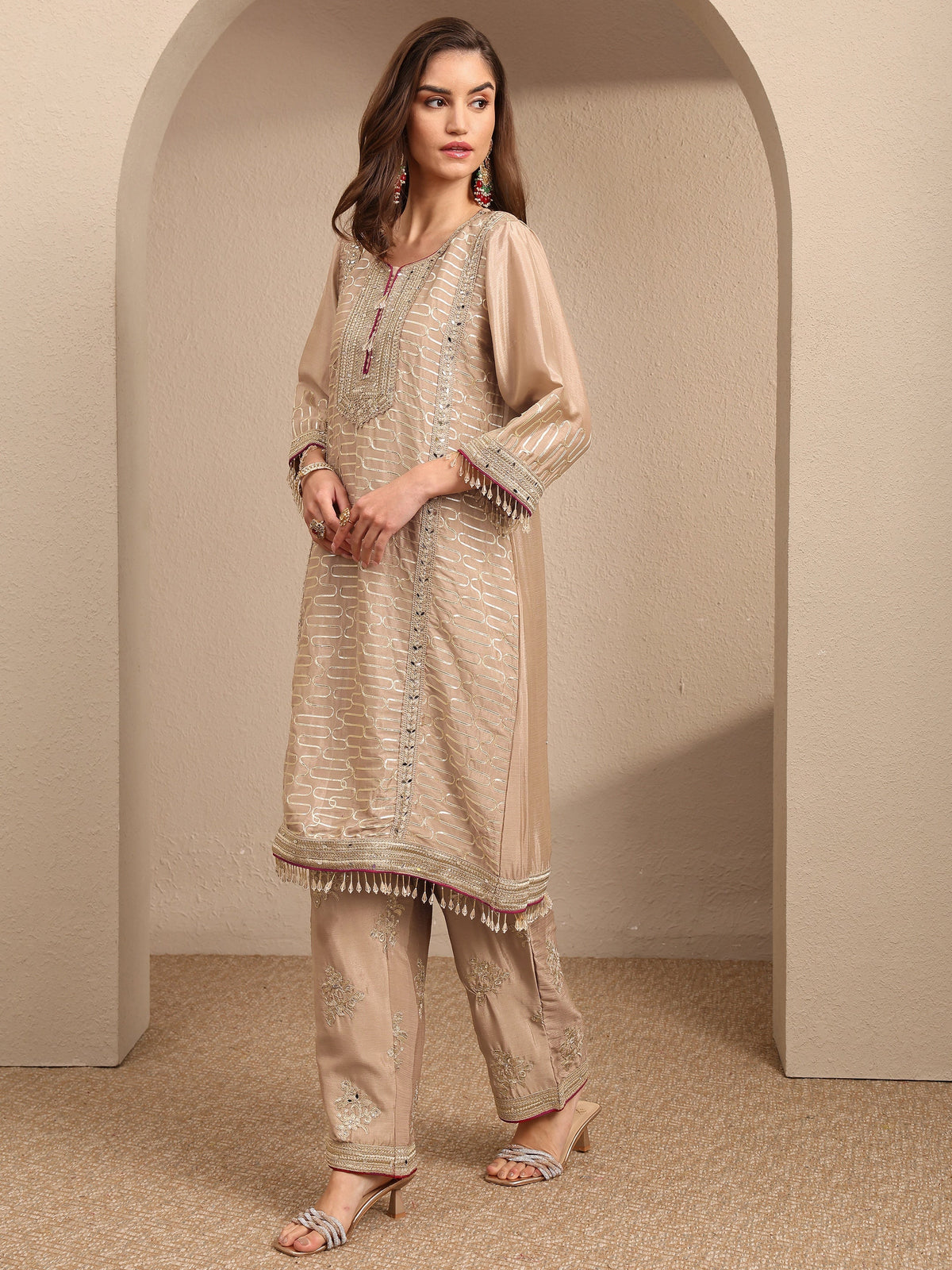 Libas Beige Embroidered Silk Blend Straight Suit Set With Dupatta