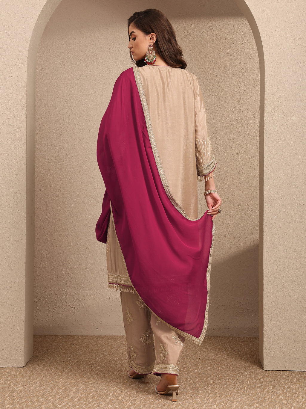 Libas Beige Embroidered Silk Blend Straight Suit Set With Dupatta
