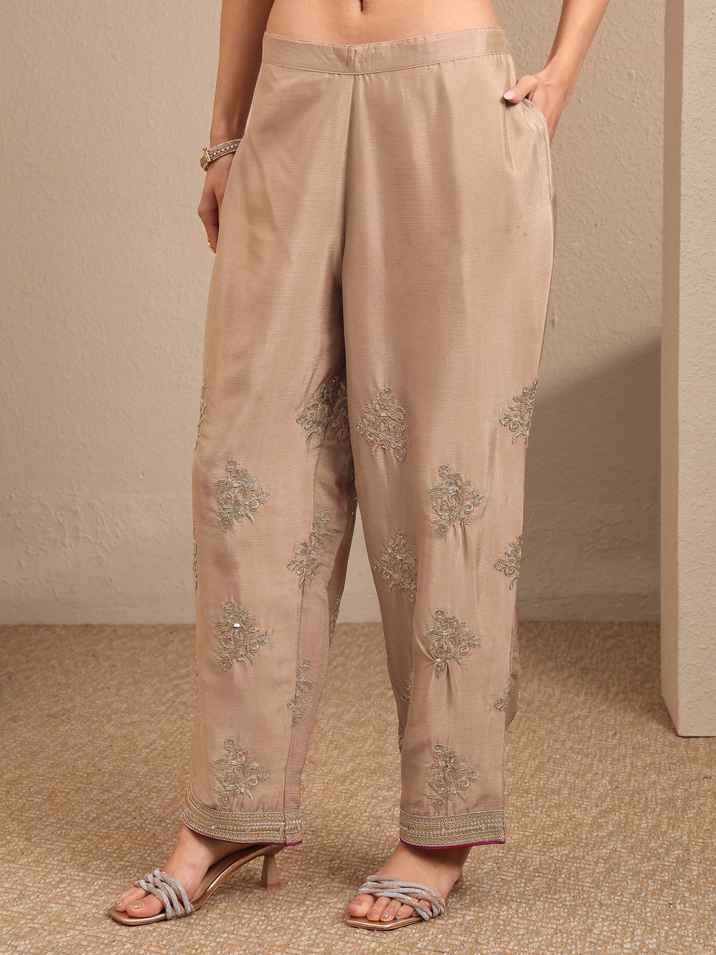 Libas Beige Embroidered Silk Blend Straight Suit Set With Dupatta