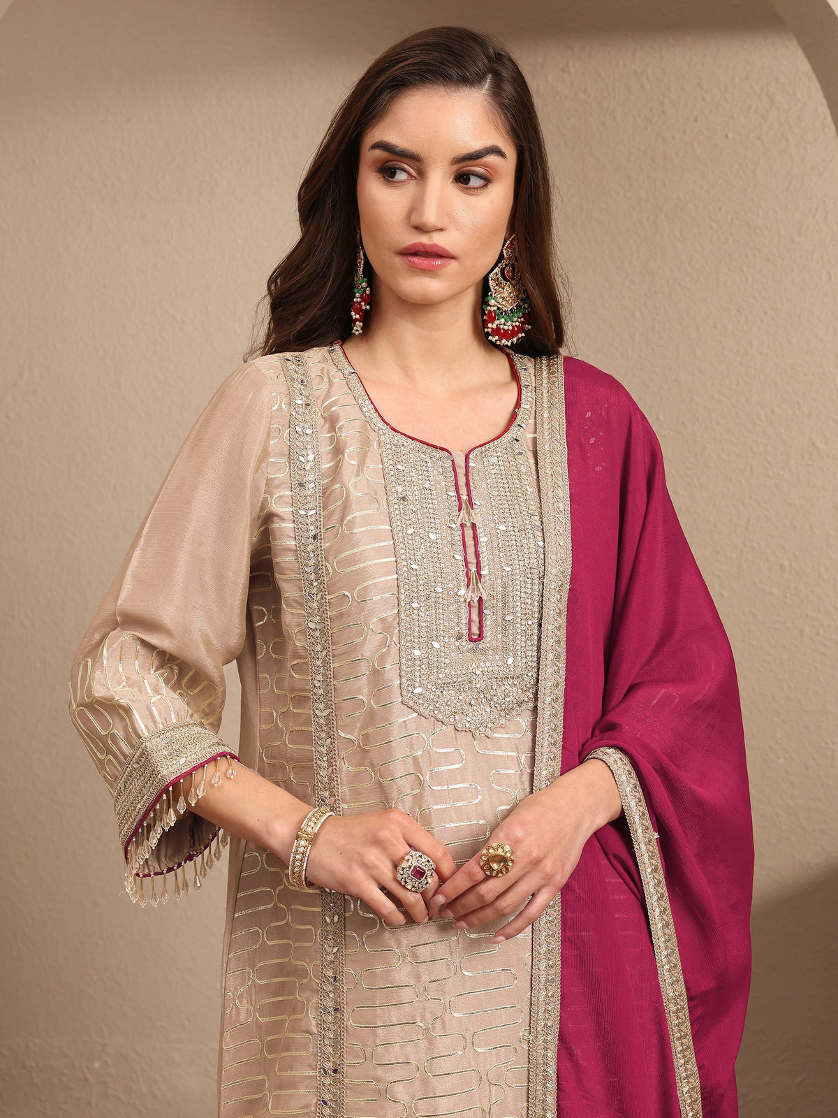 Libas Beige Embroidered Silk Blend Straight Suit Set With Dupatta