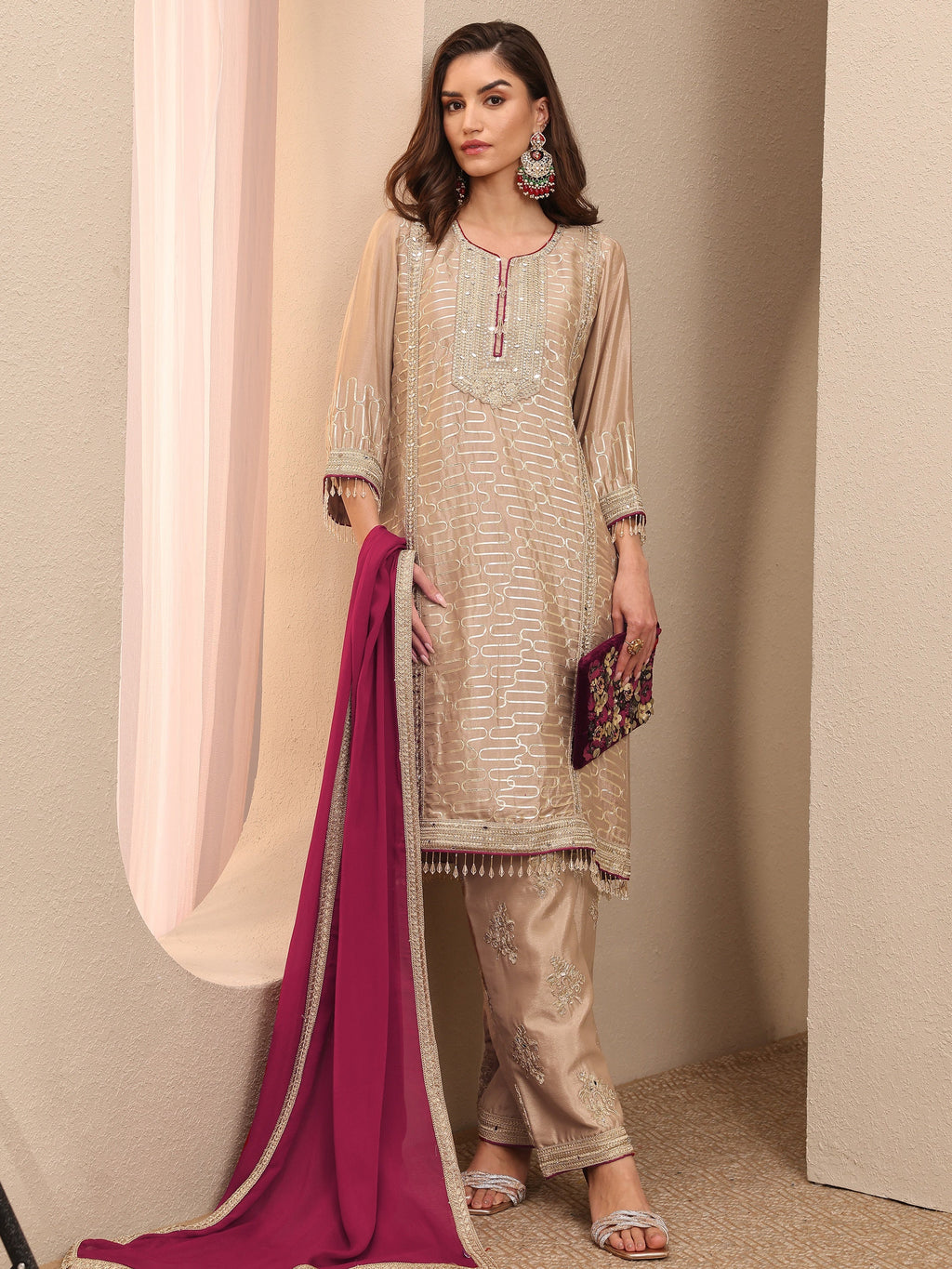 Libas Beige Embroidered Silk Blend Straight Suit Set With Dupatta
