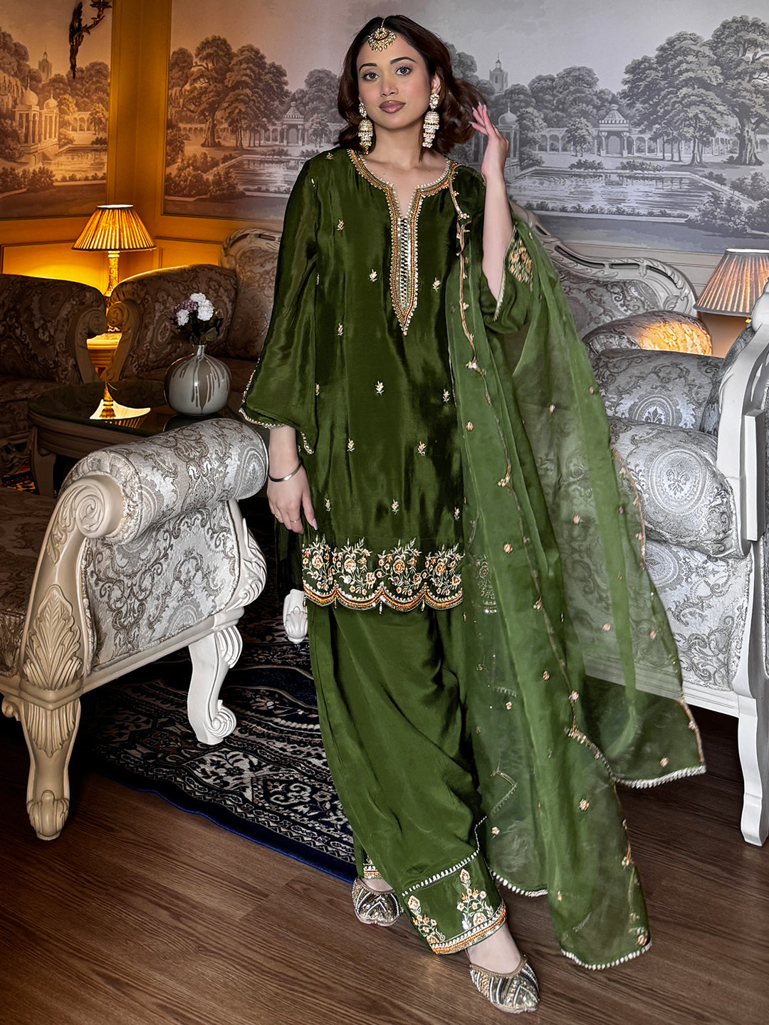 Libas Green Embroidered Chinon Straight Suit Set With Dupatta