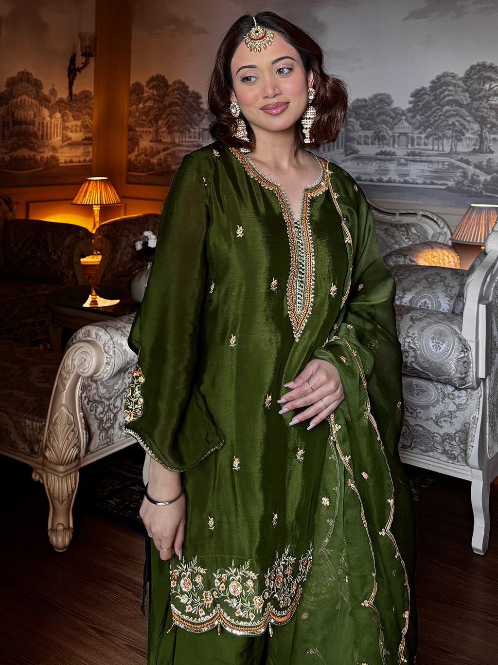 Libas Green Embroidered Chinon Straight Suit Set With Dupatta
