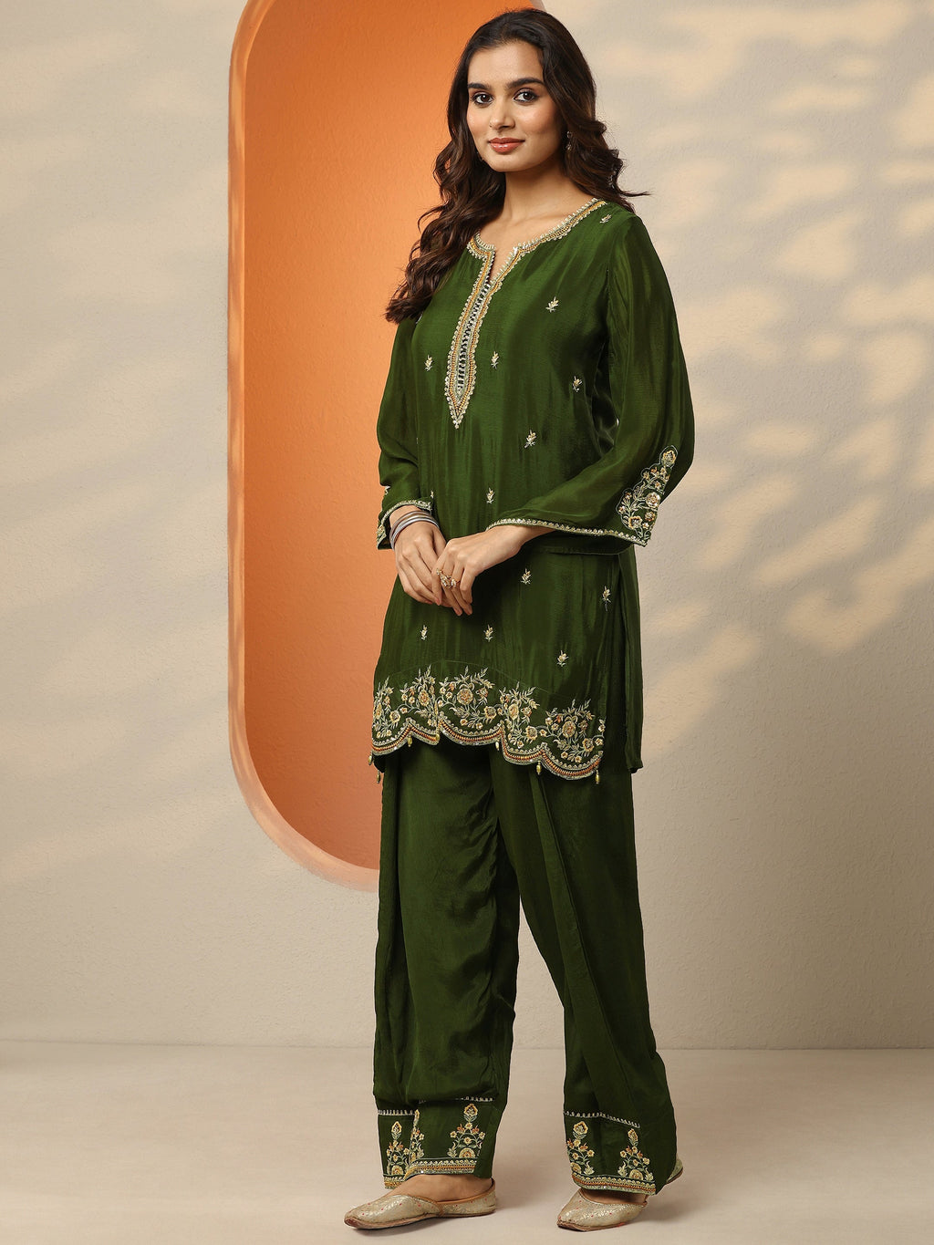 Libas Green Embroidered Chinon Straight Suit Set With Dupatta