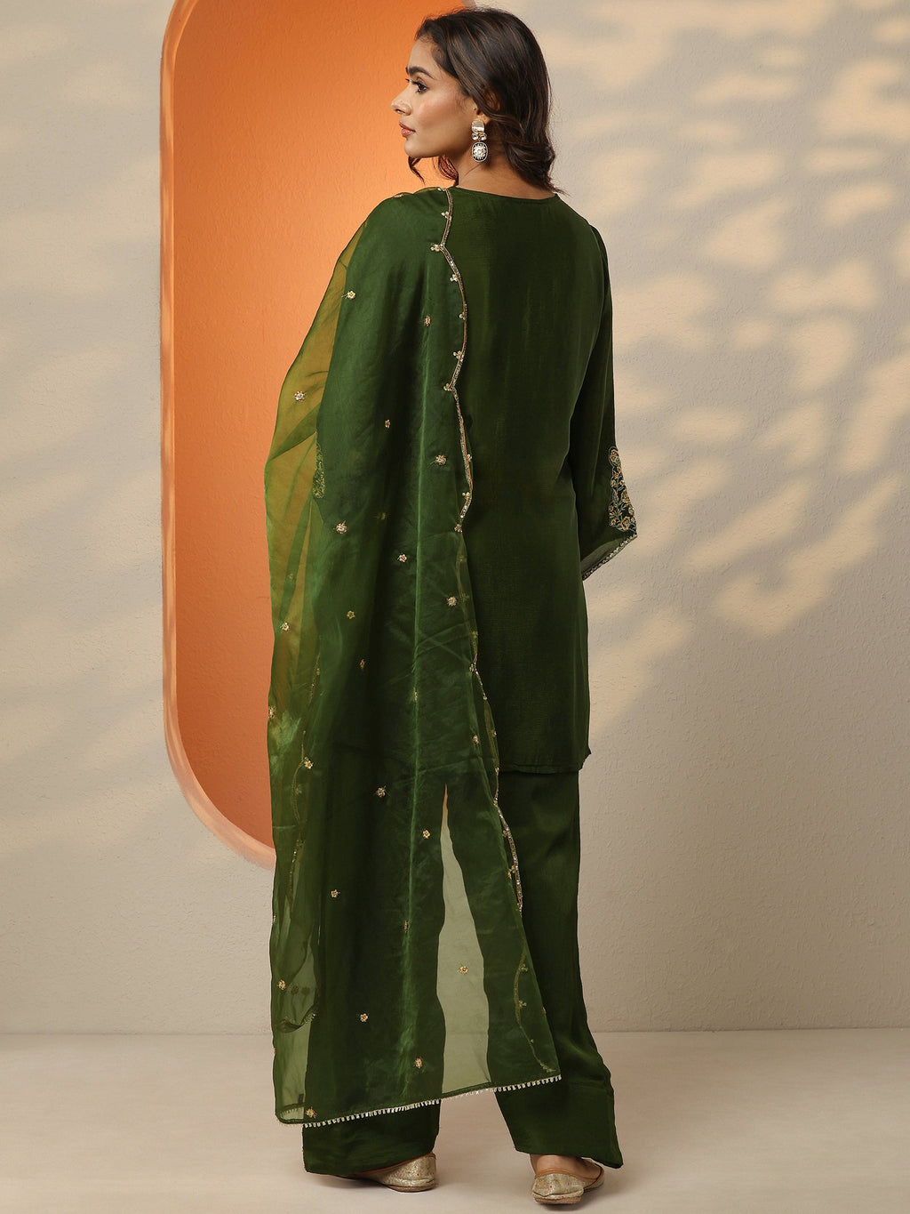 Libas Green Embroidered Chinon Straight Suit Set With Dupatta
