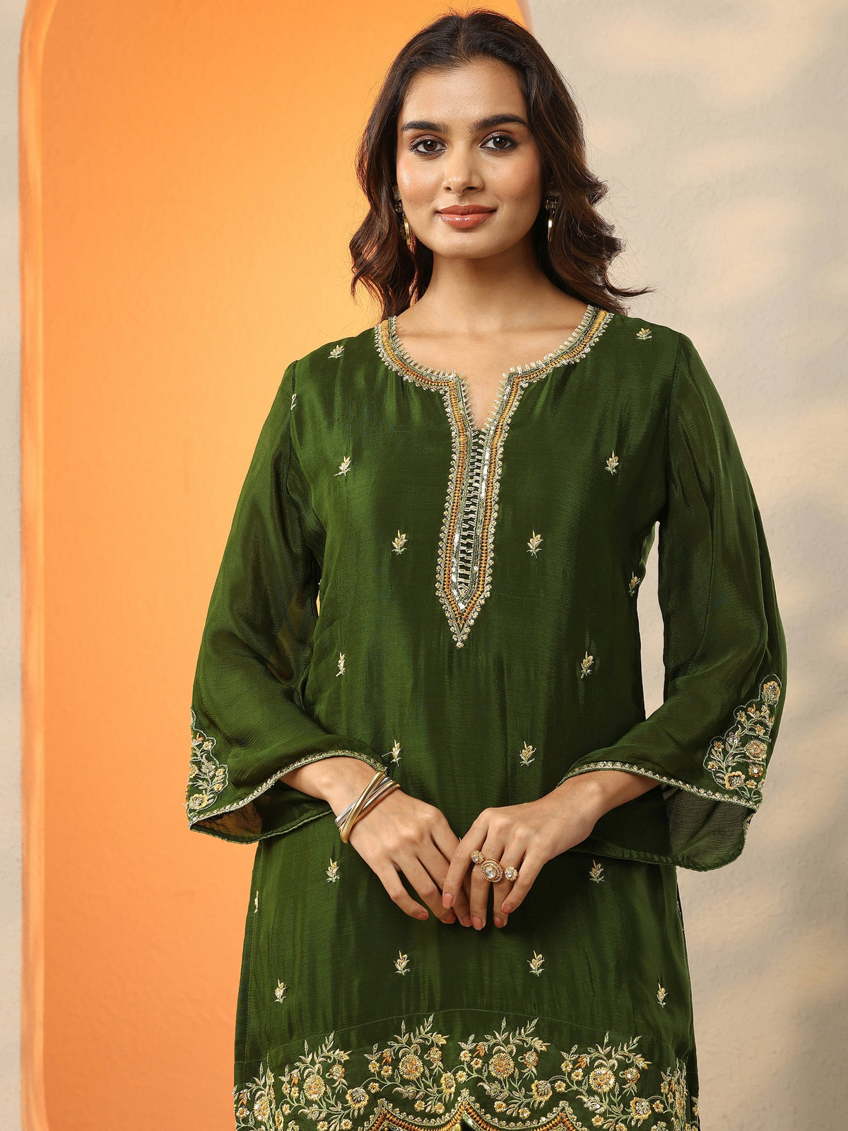 Libas Green Embroidered Chinon Straight Suit Set With Dupatta
