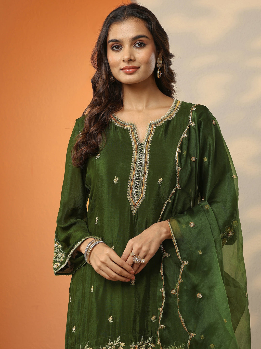 Libas Green Embroidered Chinon Straight Suit Set With Dupatta